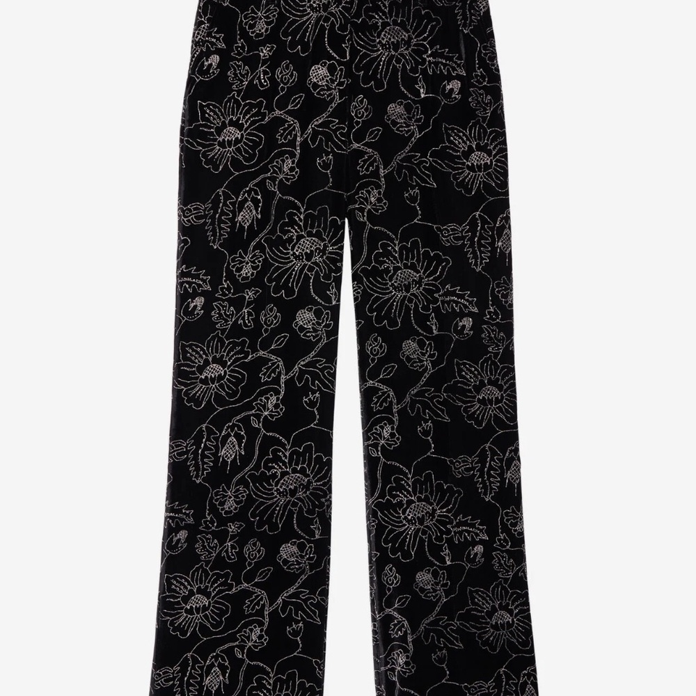 NWT | The Kooples | Black Velvet Trousers with Embroidered Metallic Floral Print - Picture 3 of 11